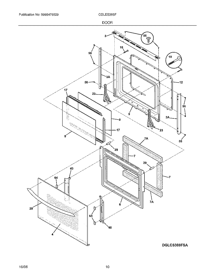 DOOR Diagram and Parts List for CGLES385FS1  Frigidaire Range