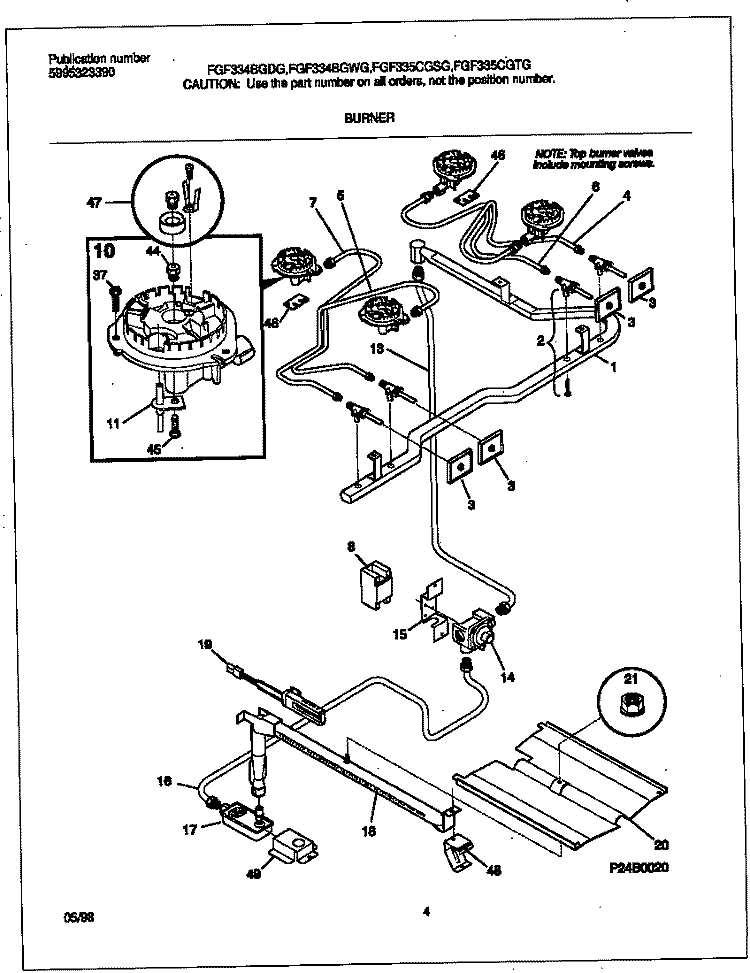 BURNER Diagram and Parts List for FGF334BGDG  Frigidaire Range