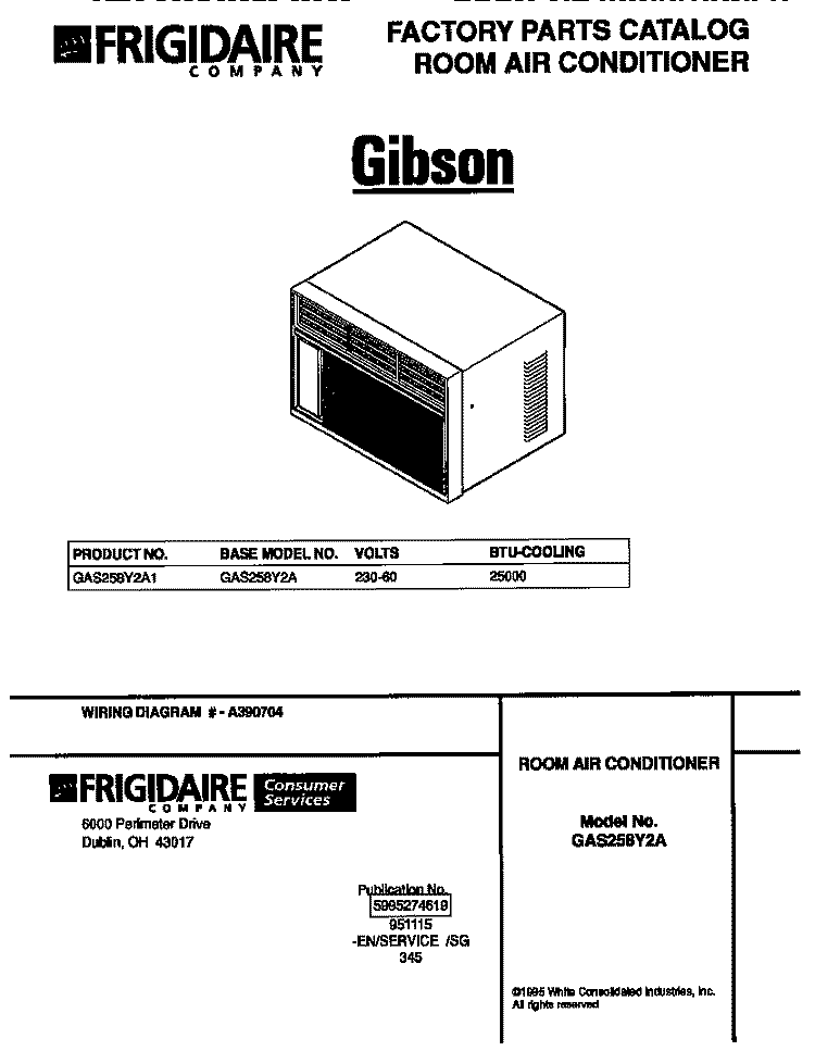 COVER Diagram and Parts List for GAS258Y2A1  Gibson Air Conditioner