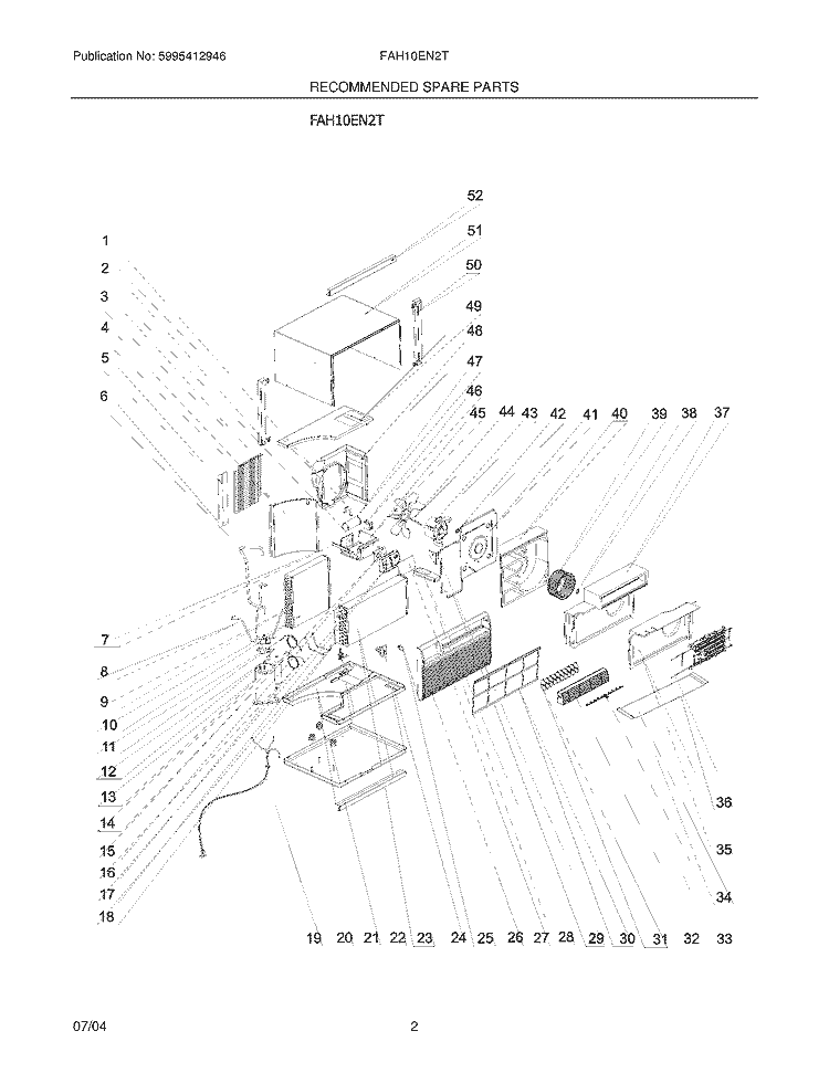 RECOMMENDED SPARE PARTS Diagram and Parts List for FAH10EN2T  Frigidaire Air Conditioner