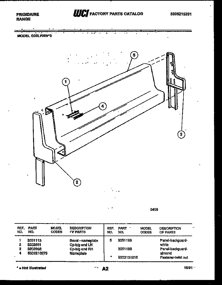 BACKGUARD Diagram and Parts List for G30LPNL3  Frigidaire Range