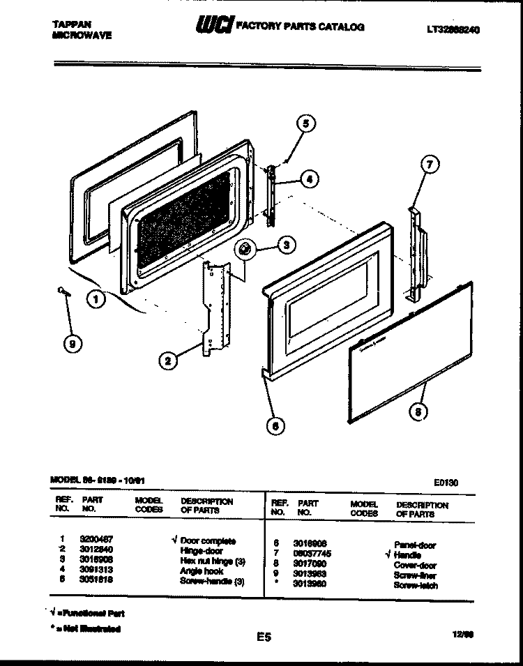 DOOR PARTS Diagram and Parts List for 56-9189-10-01  Tappan Microwave