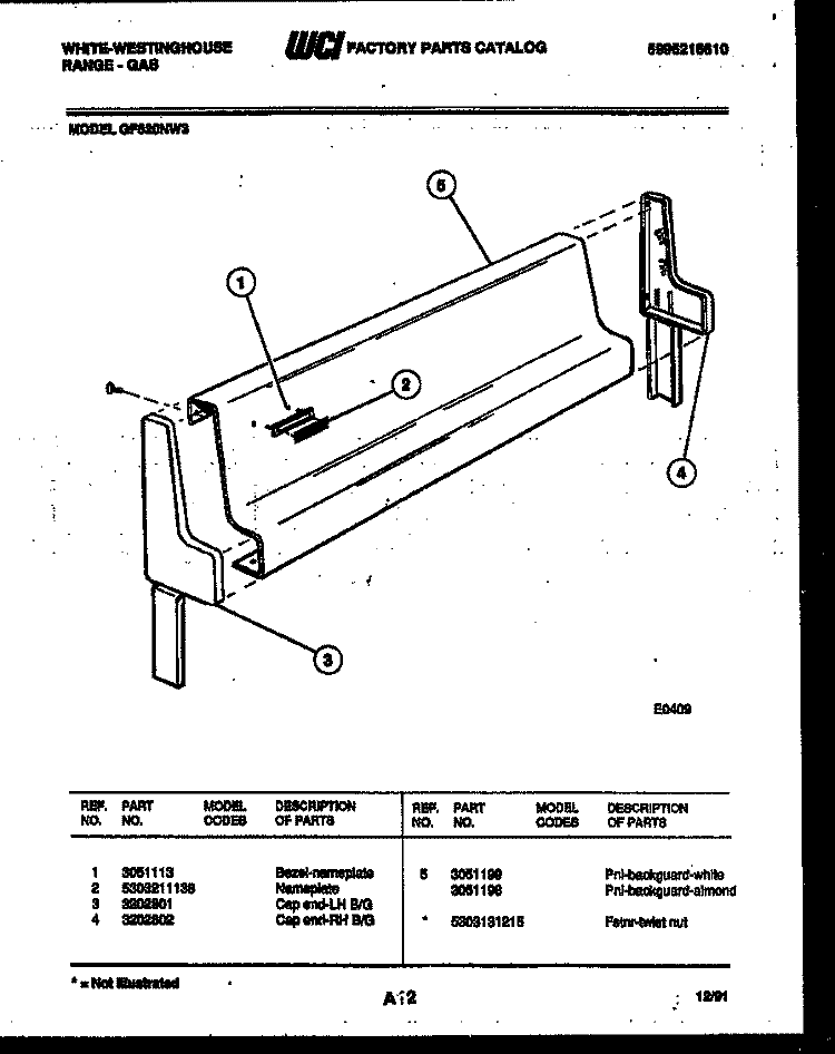 BACKGUARD Diagram and Parts List for GF620ND3  Frigidaire Range