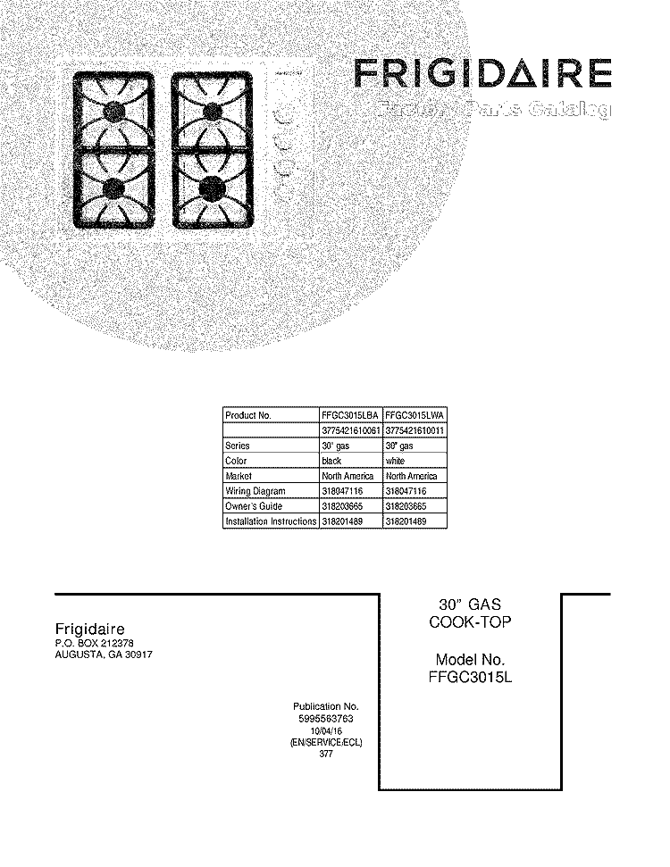 COVER Diagram and Parts List for FFGC3015LWA  Frigidaire Cooktop