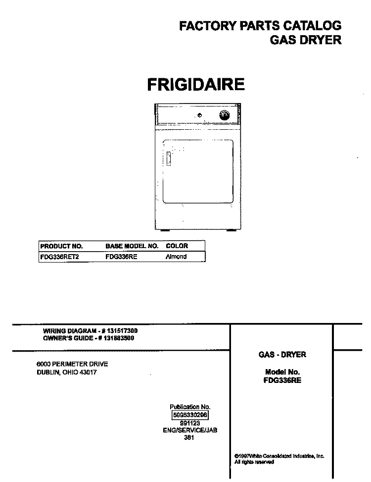 COVER Diagram and Parts List for FDG336RET2  Frigidaire Dryer