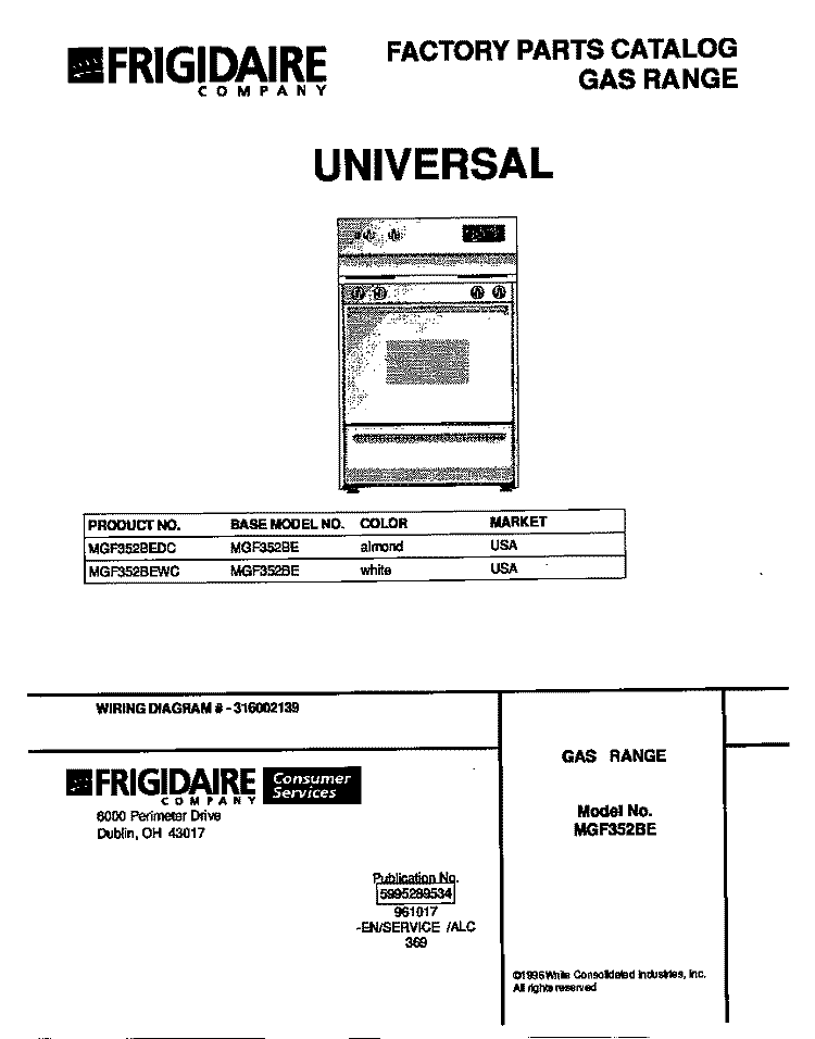 COVER Diagram and Parts List for MGF352BEDC  Frigidaire Range