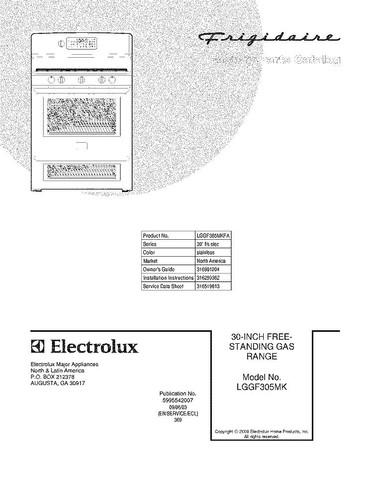 COVER Diagram and Parts List for LGGF305MKFA  Frigidaire Range