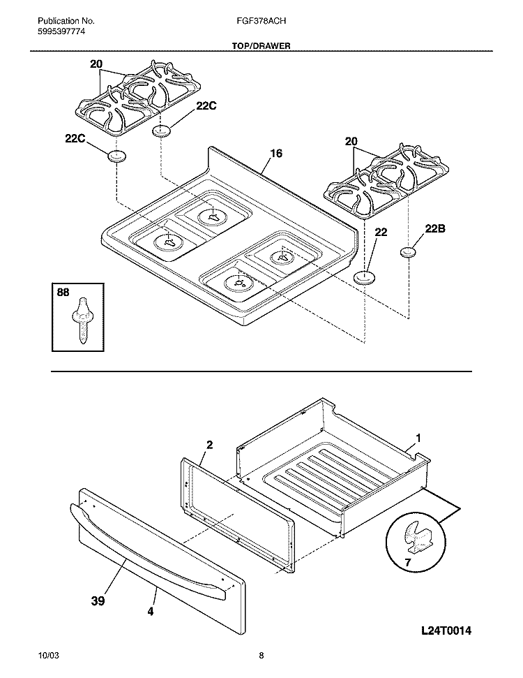 TOP / DRAWER Diagram and Parts List for FGF378ACH  Frigidaire Range