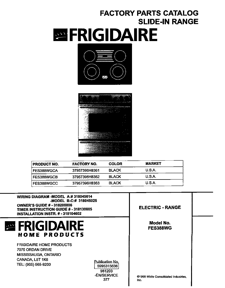 COVER Diagram and Parts List for FES388WGCC  Frigidaire Range