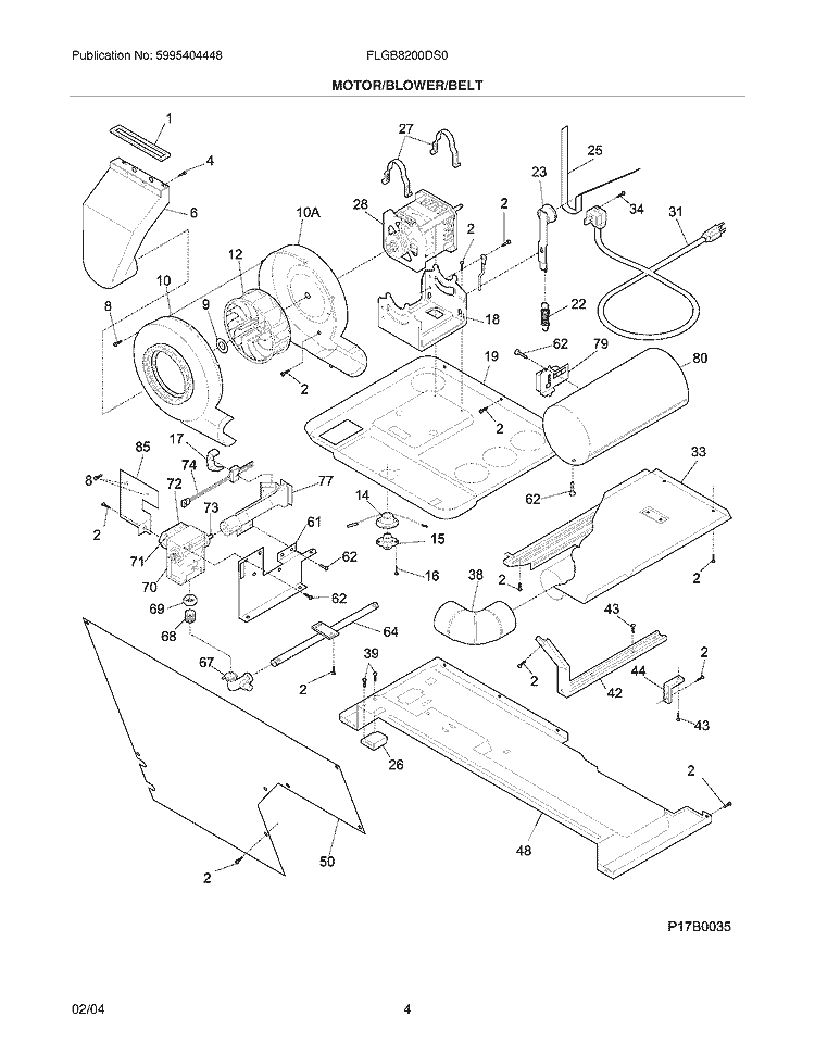 MOTOR / BLOWER / BELT Diagram and Parts List for FLGB8200DS0  Frigidaire Washer Dryer Combo