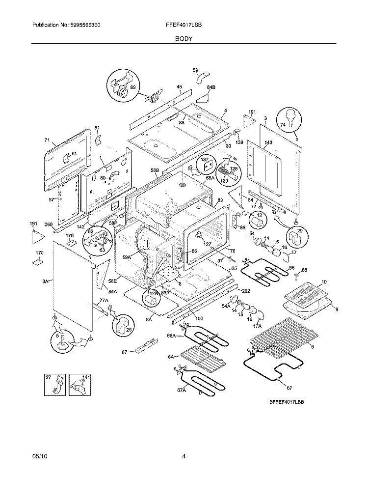 BODY Diagram and Parts List for FFEF4017LBB  Frigidaire Range