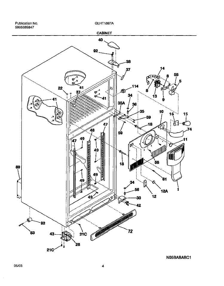 CABINET Diagram and Parts List for GLHT186TAW8  Frigidaire Refrigerator