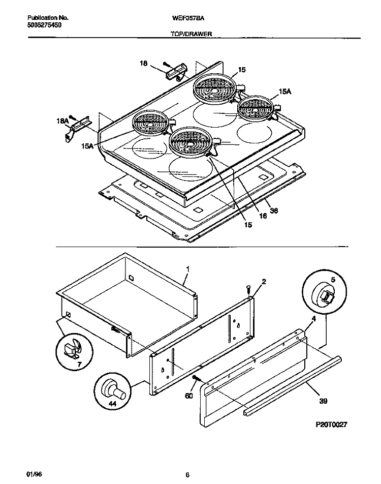 TOP / DRAWER Diagram and Parts List for WEF357BAWC  Frigidaire Range