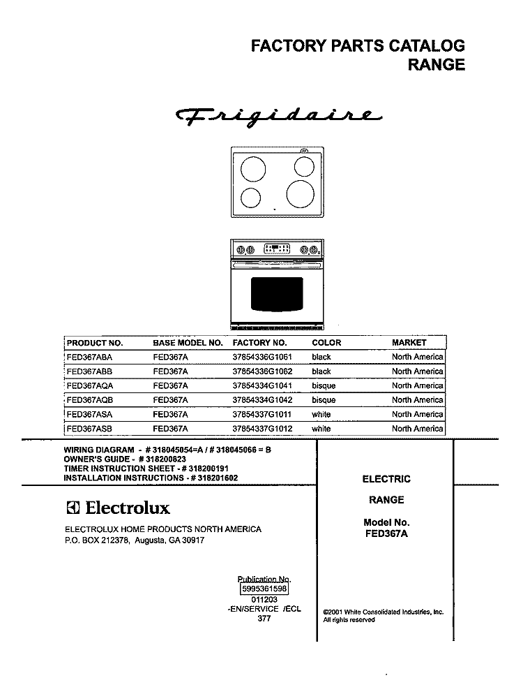 COVER Diagram and Parts List for FED367AQA  Frigidaire Range