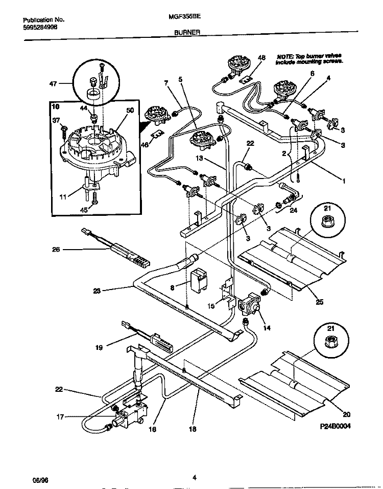 BURNER Diagram and Parts List for MGF355BEWC  Frigidaire Range