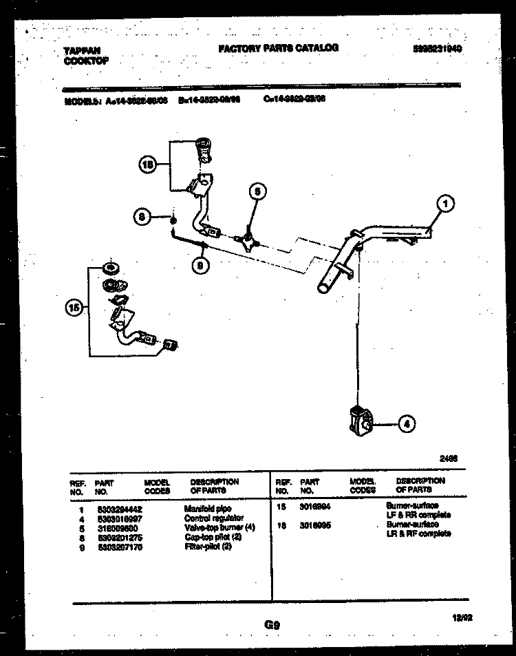 BURNER PARTS Diagram and Parts List for 14-3622-23-06  Tappan Cooktop