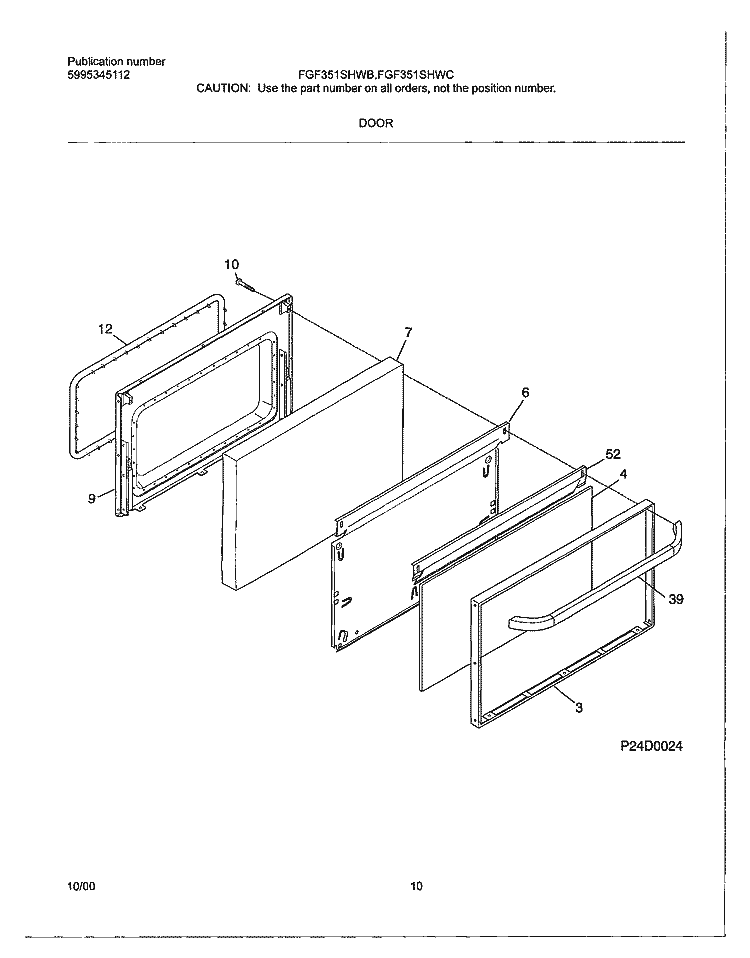 DOOR Diagram and Parts List for TGF351SHWC  Tappan Range