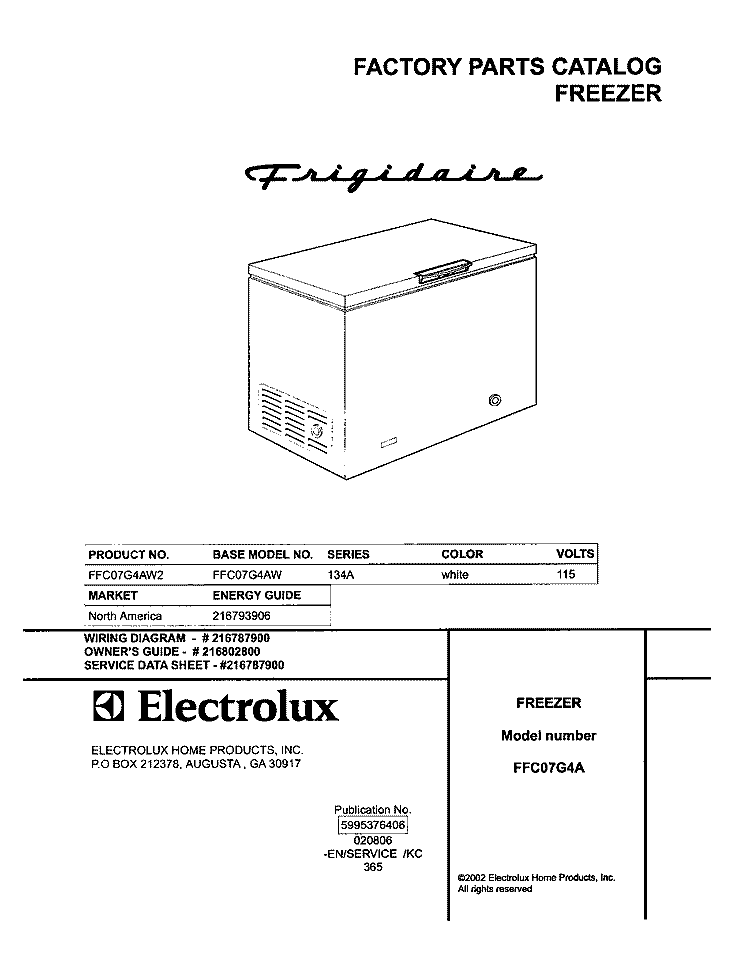 COVER Diagram and Parts List for FFC07G4AW2  Frigidaire Freezer