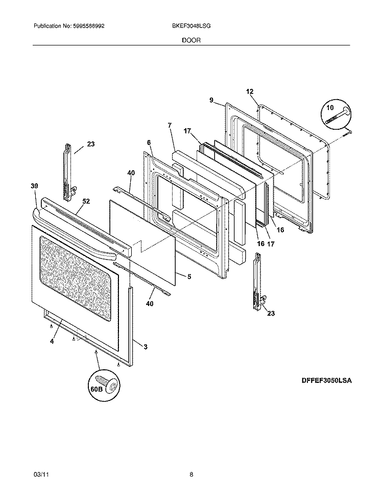 DOOR Diagram and Parts List for BKEF3048LSG  Frigidaire Range