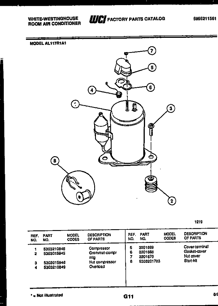 COMPRESSOR PARTS Diagram and Parts List for AL117R1A1  Frigidaire Air Conditioner