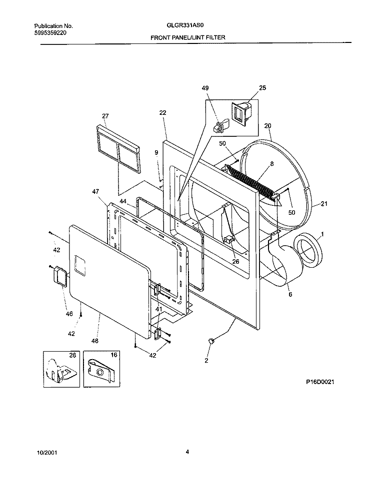 FRNT PNL, DOOR Diagram and Parts List for GLGR331AS0  Frigidaire Dryer