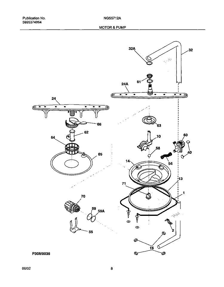 MOTOR & PUMP Diagram and Parts List for NGS5712AQ1  Frigidaire Dishwasher
