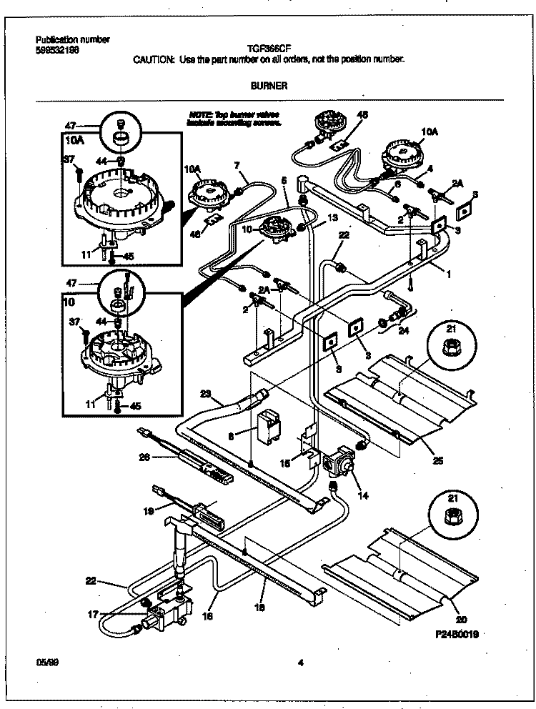 BURNER Diagram and Parts List for TGF366CFSD  Frigidaire Range