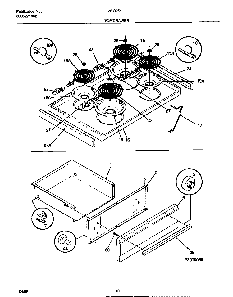 TOP / DRAWER Diagram and Parts List for 73-3951-00-04  Tappan Range