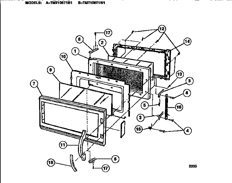 DOOR Diagram and Parts List for TMT106T1W1  Tappan Microwave