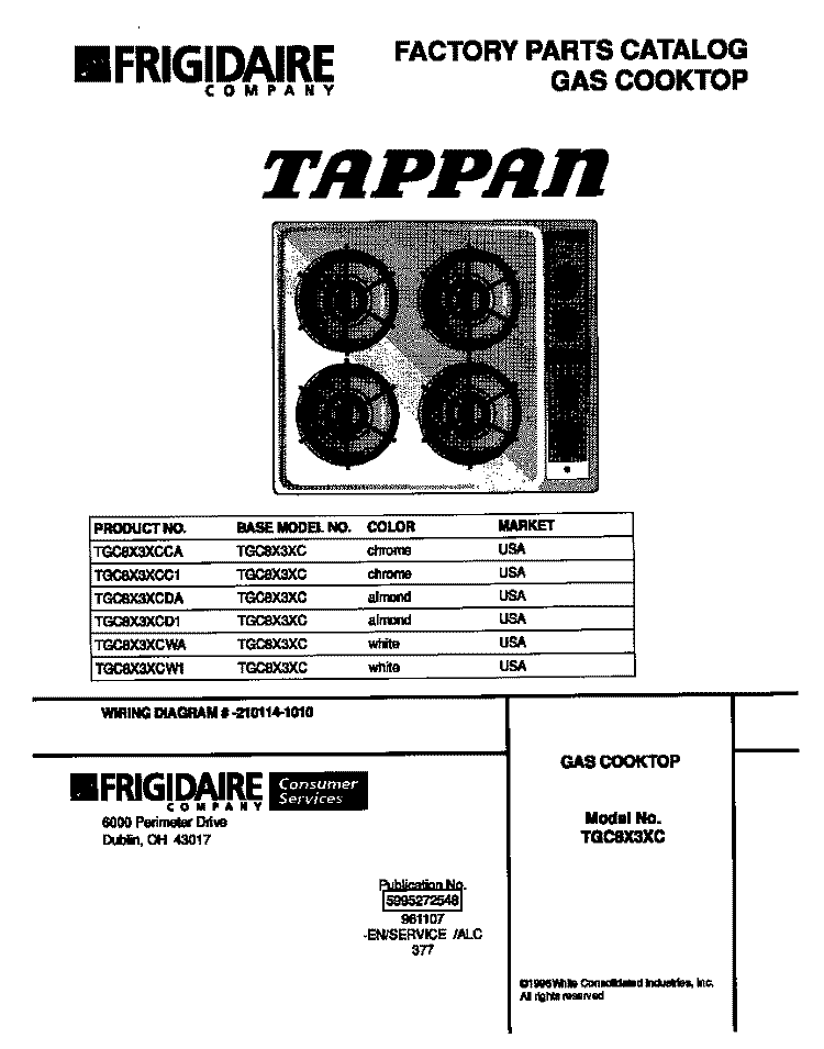 COVER Diagram and Parts List for TGC8X3XCCA  Tappan Cooktop
