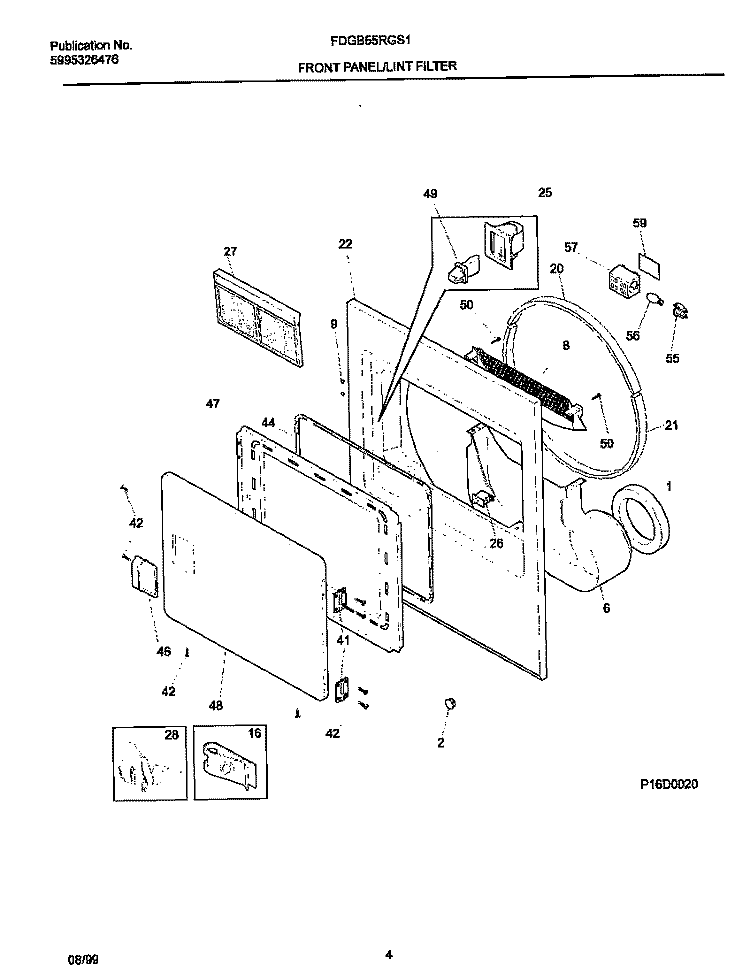 P16D0020 FRNT PNL, DOOR Diagram and Parts List for FDGB55RGS1  Frigidaire Dryer