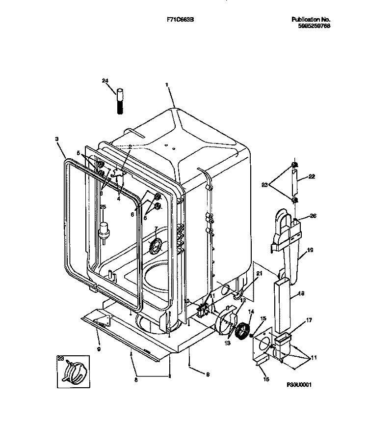 TUB DETAILS Diagram and Parts List for F71C663BD0  Frigidaire Dishwasher