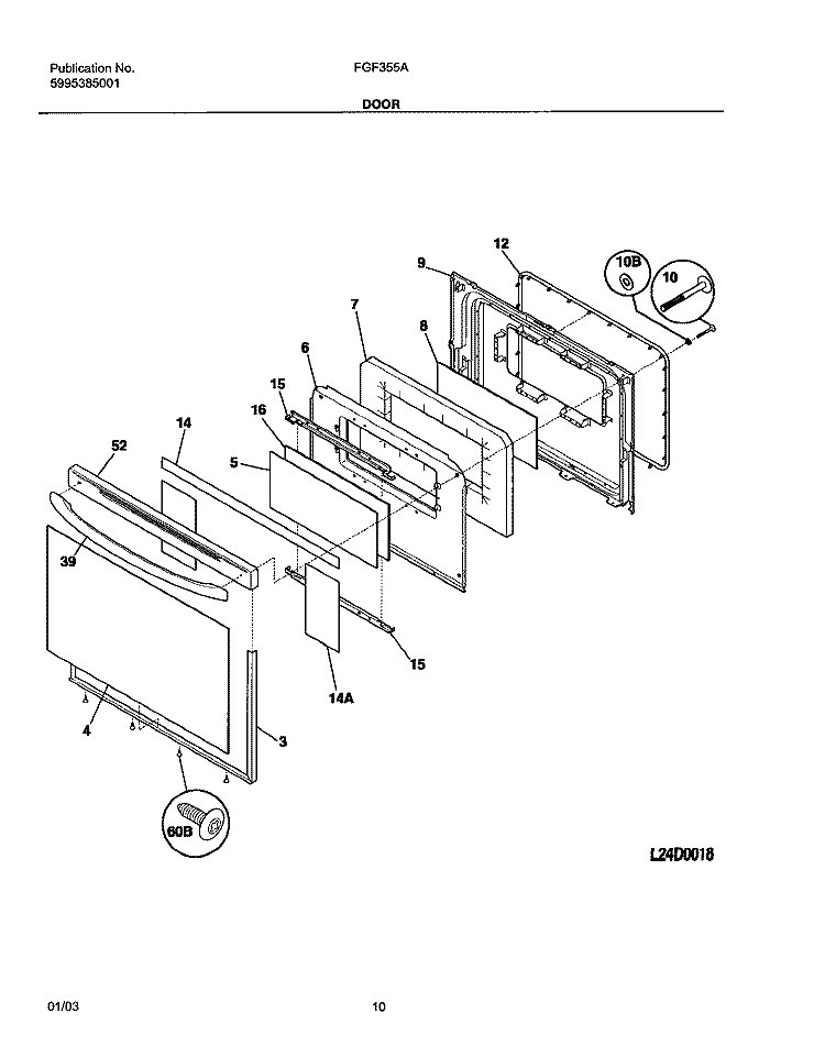DOOR Diagram and Parts List for FGF355AUD  Frigidaire Range