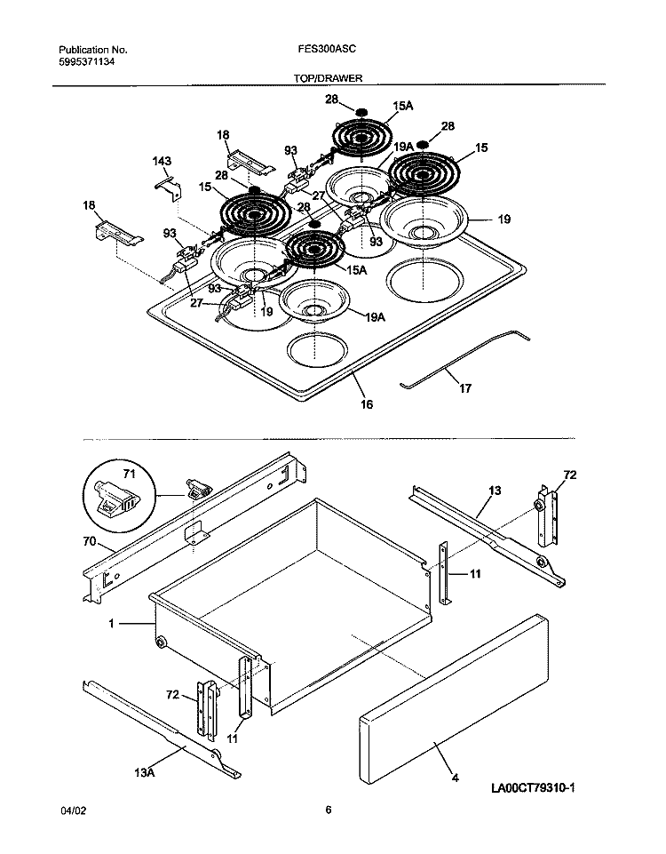 TOP / DRAWER Diagram and Parts List for FES300ASC  Frigidaire Range