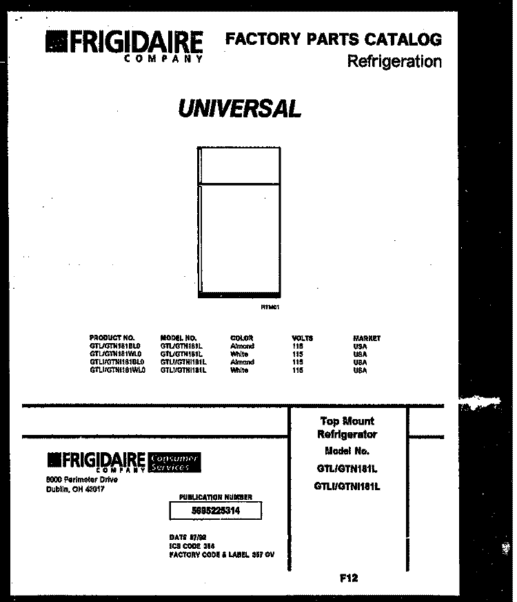 COVER Diagram and Parts List for GTN181BL0  Frigidaire Refrigerator