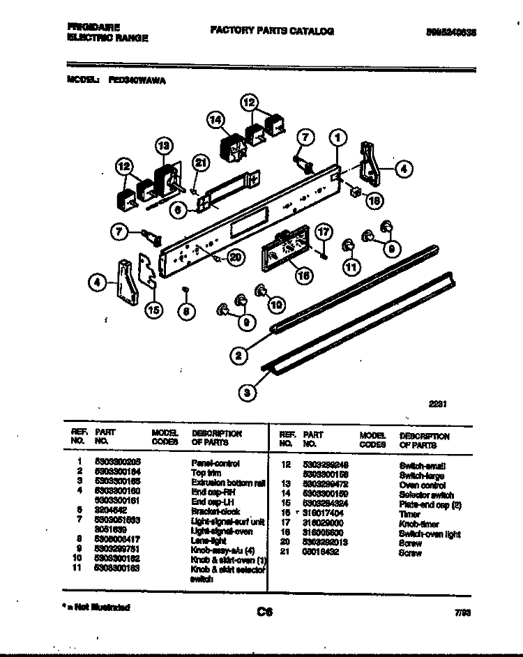 CONTROL PANEL Diagram and Parts List for FED340WAWA  Frigidaire Range