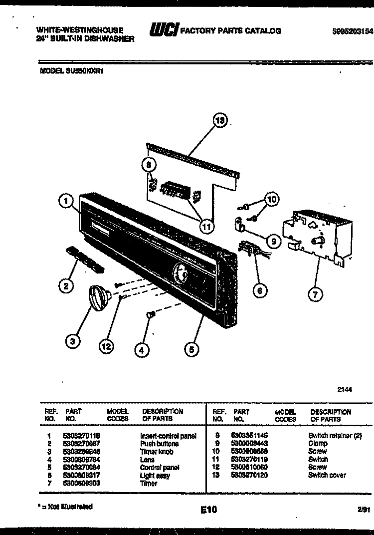 CONSOLE AND CONTROL PARTS Diagram and Parts List for SU550NXR1  Frigidaire Dishwasher