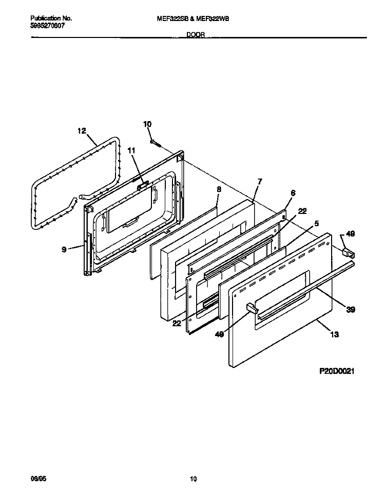 DOOR Diagram and Parts List for MEF322WBSD  Frigidaire Range