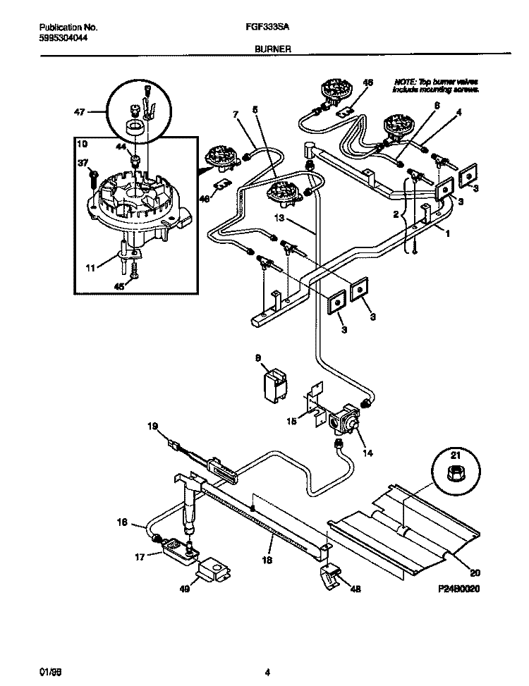 BURNER Diagram and Parts List for FGF333SADJ  Frigidaire Range
