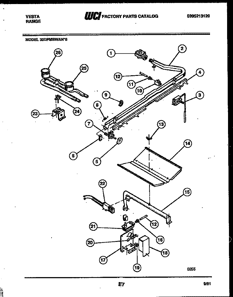 BURNER, MANIFOLD AND GAS CONTROL Diagram and Parts List for 30DPMBWAN6  Tappan Range