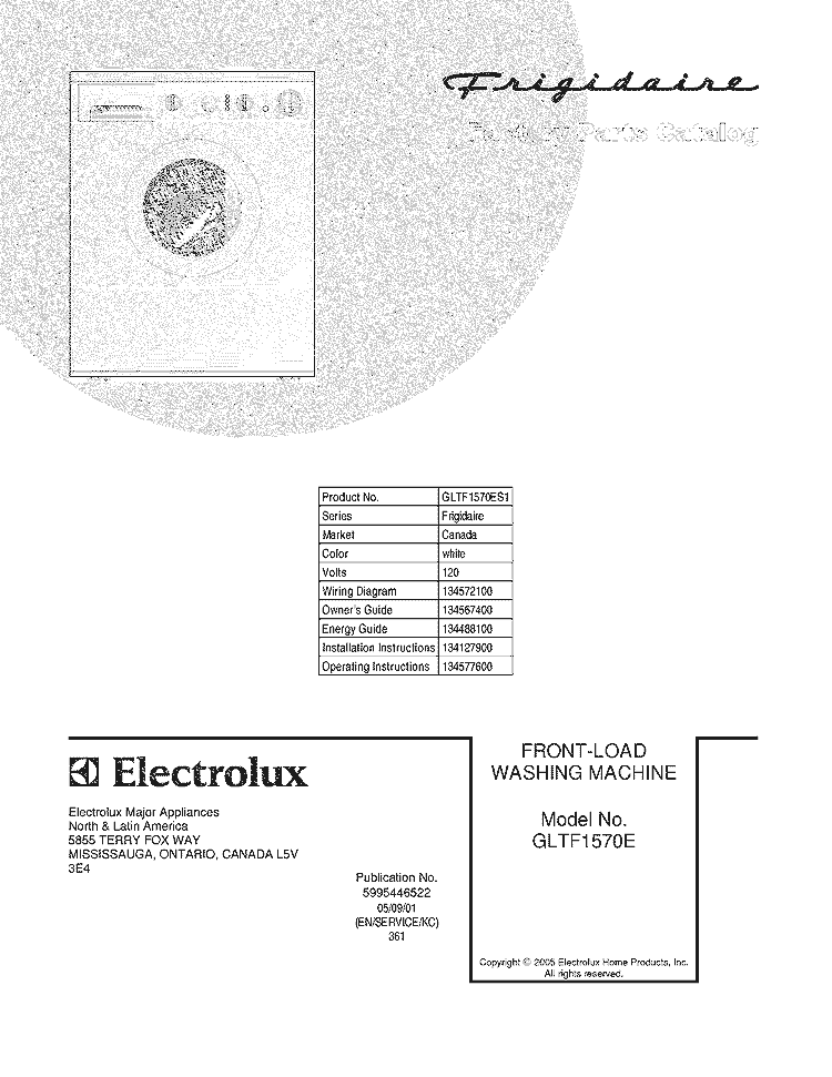 COVER Diagram and Parts List for GLTF1570ES1  Frigidaire Washer