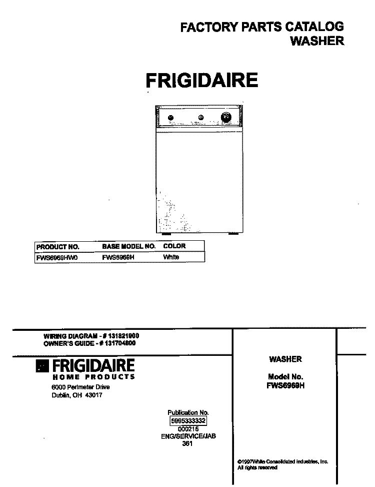 COVER Diagram and Parts List for FWS6969HW0  Frigidaire Washer