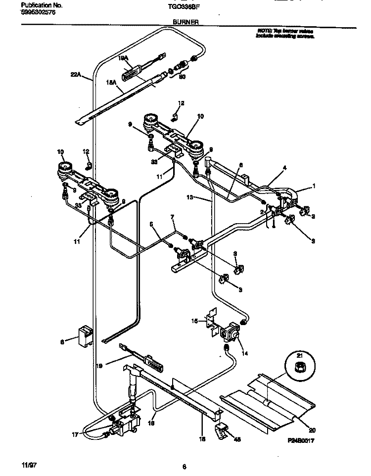 BURNER Diagram and Parts List for TGO336BFW1  Tappan Range