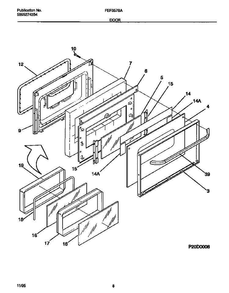 DOOR Diagram and Parts List for FEF357BADF  Frigidaire Range