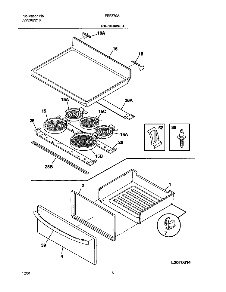 TOP / DRAWER Diagram and Parts List for FEF379ACD  Frigidaire Range