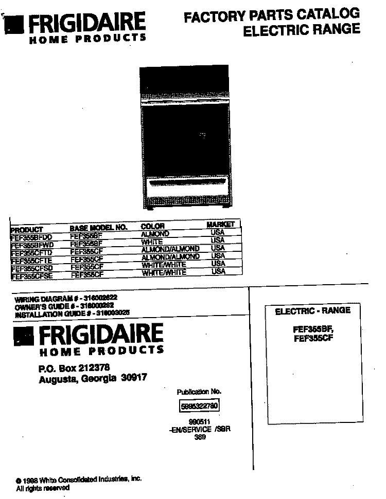 COVER Diagram and Parts List for FEF355CFSD  Frigidaire Range
