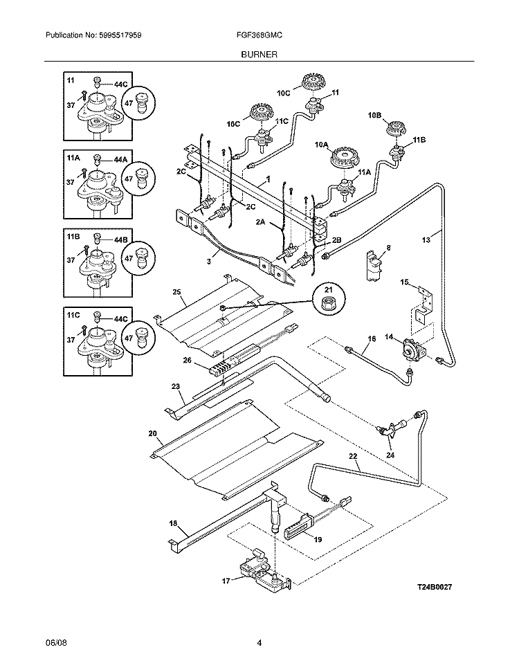 BURNER Diagram and Parts List for FGF368GMC  Frigidaire Range