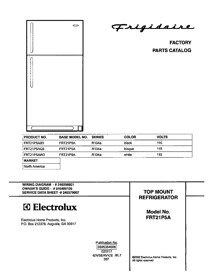 COVER Diagram and Parts List for FRT21P5AQ3  Frigidaire Refrigerator