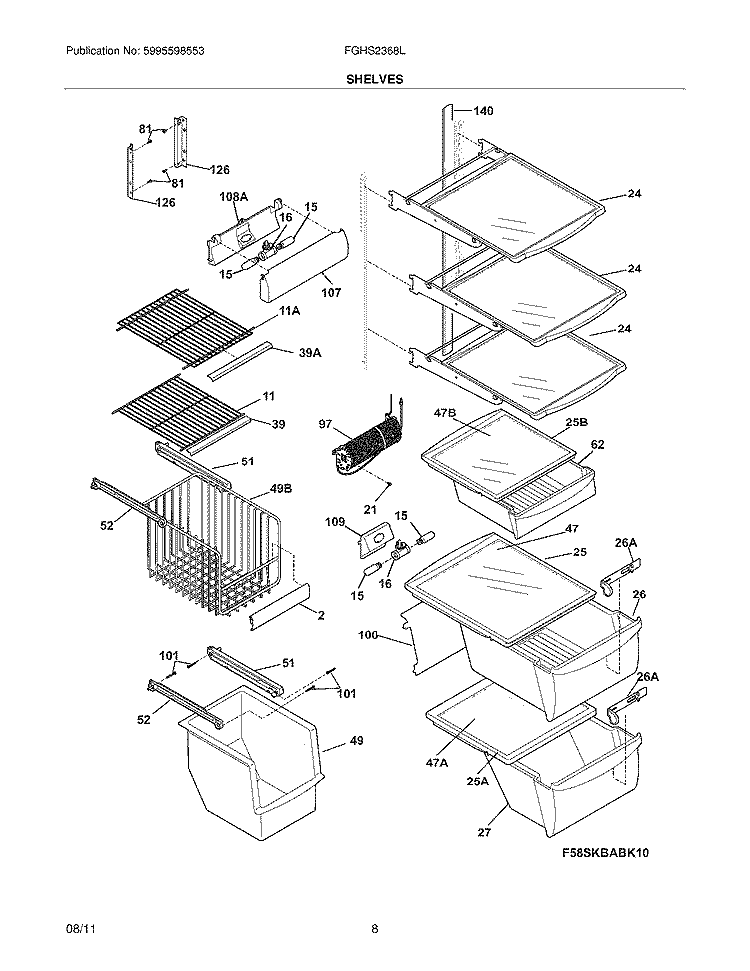 SHELVES Diagram and Parts List for FGHS2368LE3  Frigidaire Refrigerator