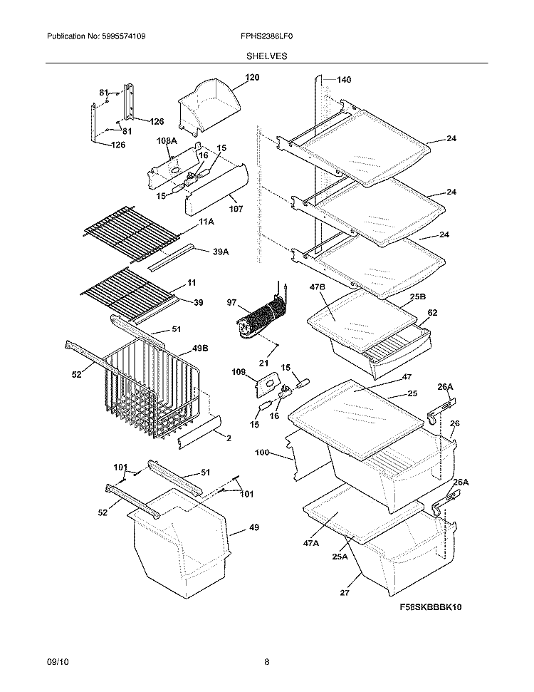 SHELVES Diagram and Parts List for FPHS2386LF0  Frigidaire Refrigerator